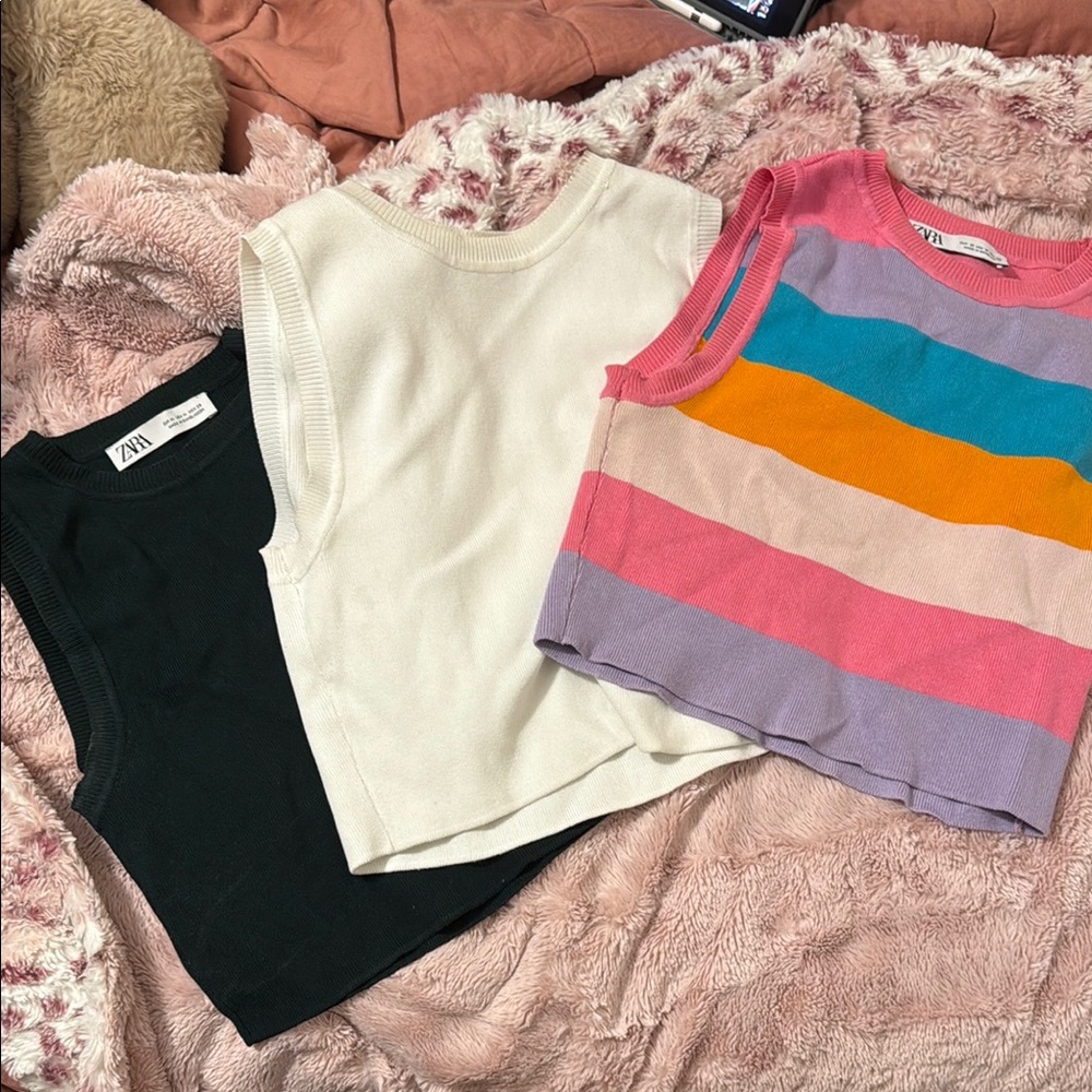 Zara Colorful Sleeveless crop Tops - dark green, White, Multicolor